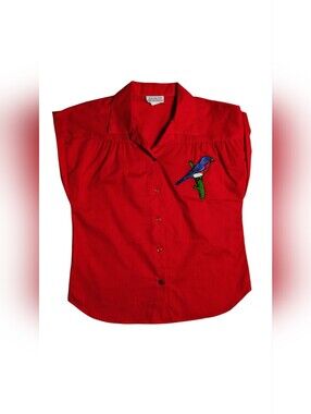 Jacques Richards Red Button-Up Shirt with Embroidered Blue Bird